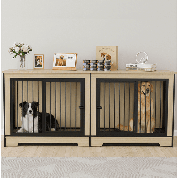 YIORTWO Extra Large Double Dog Crate Furniture, 2-in-1 Wooden Dog Kennel with Divider & Removable Tray, Pet Crate End Table for Medium Large Dogs, Living Room Furniture Style