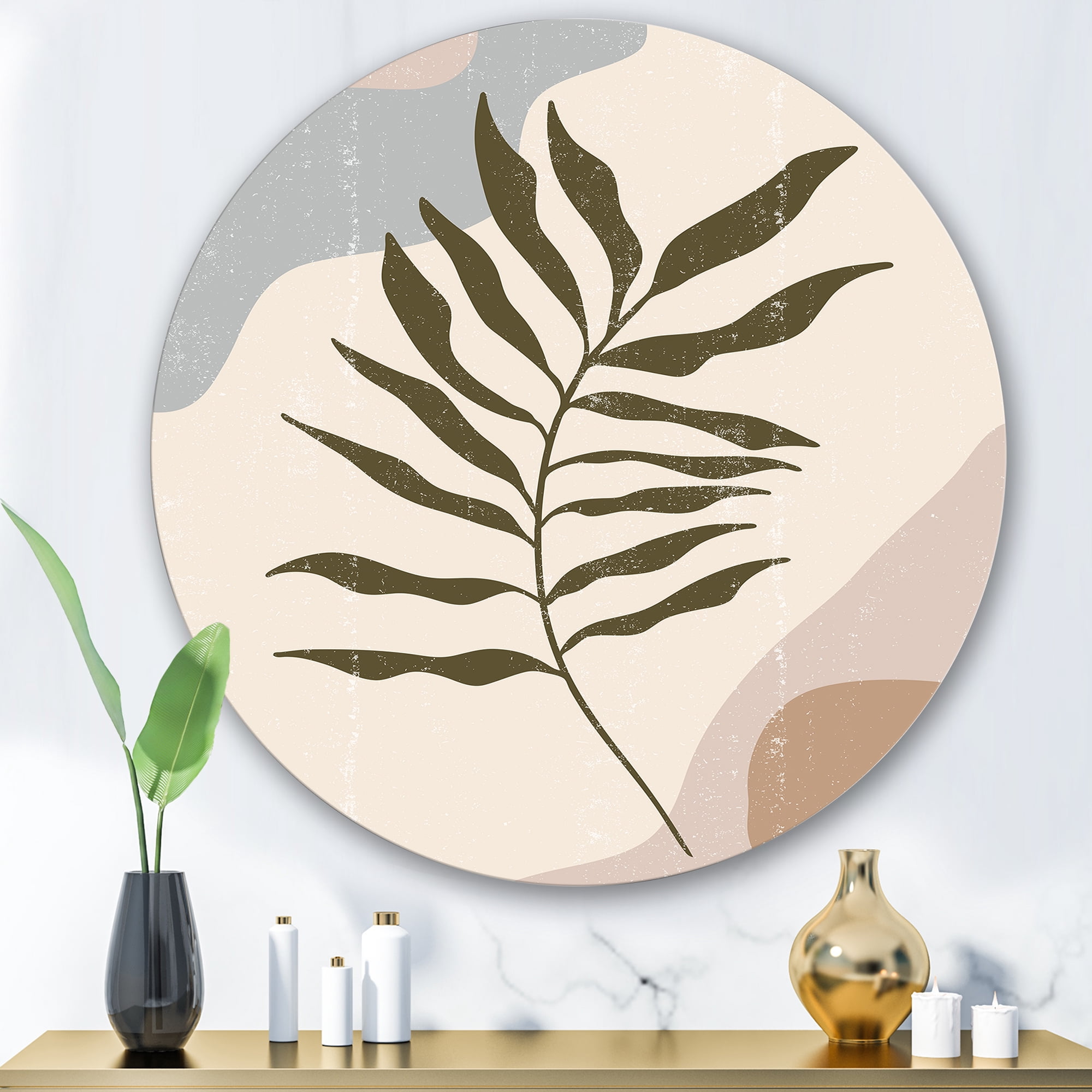 Designart 'Abstract Botanical Minimalist Leaf In Earth Tones I' Modern Circle Metal Wall Art 29x29 - Disc of 29
