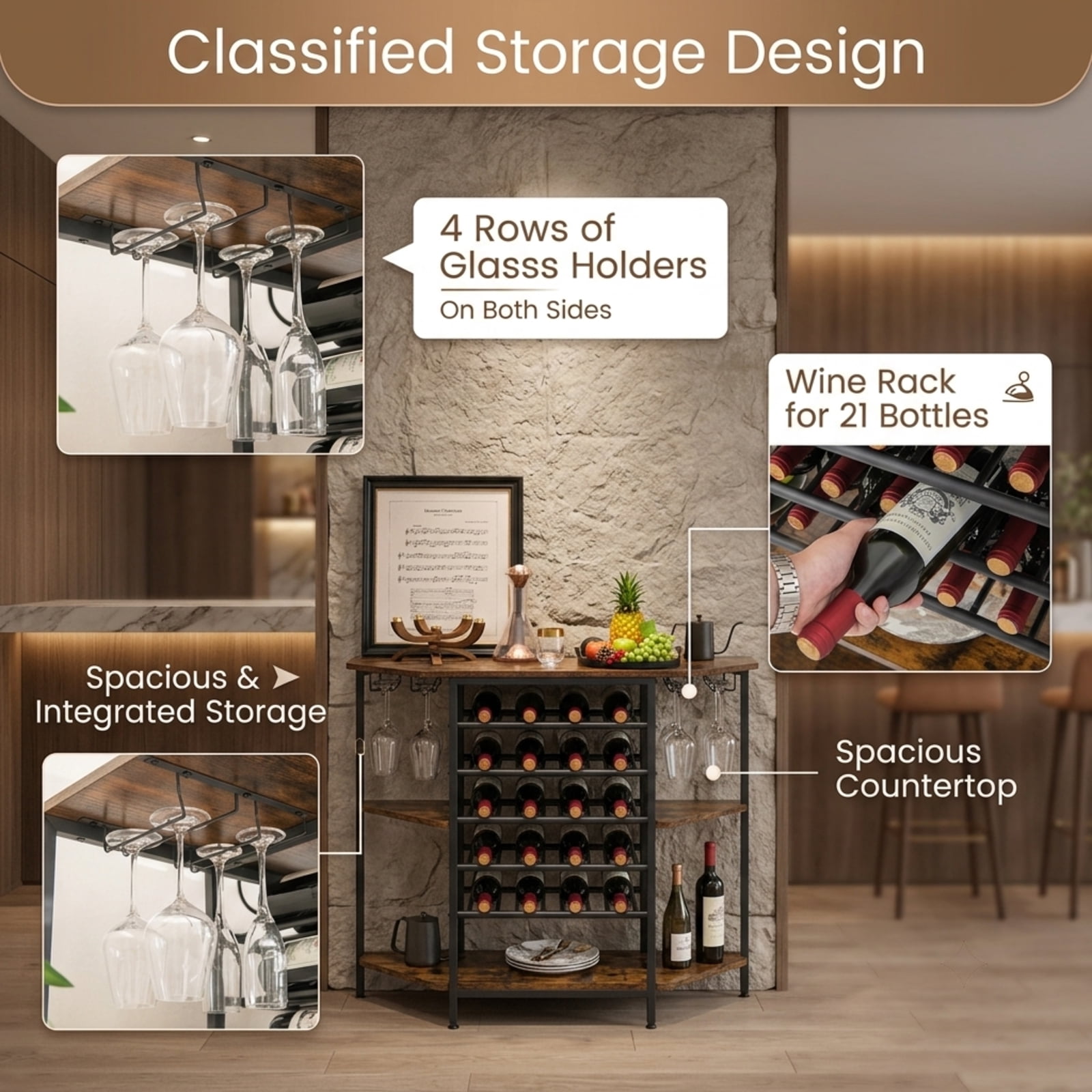 RUIE 3-Tier Wine Bar Cabinet with Storage Shelves, Coffee Bar Buffet Sideboard with Charging Station and Wine Rack for 21 Bottles, Brown