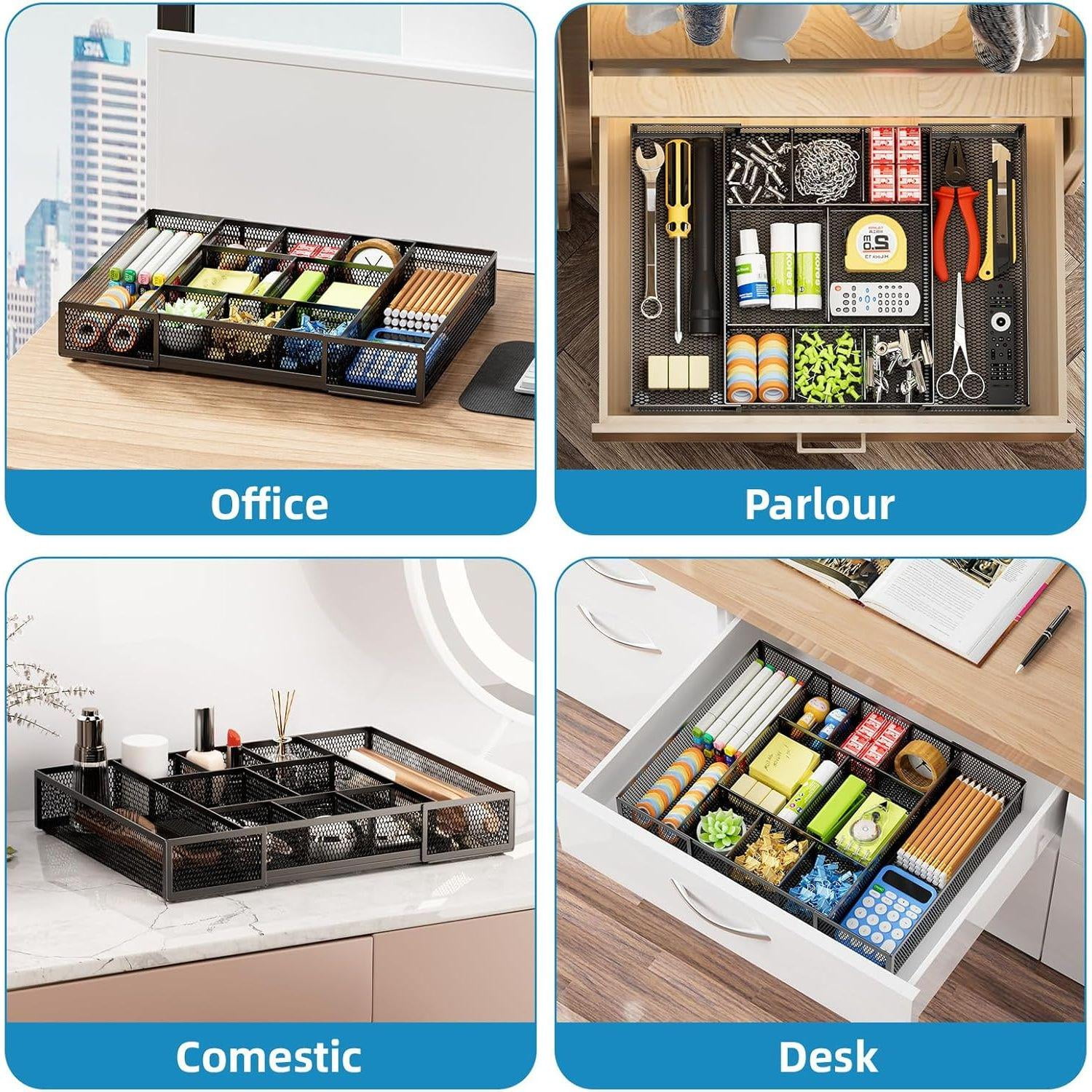 Expandable Desk Drawer Organizer, Mesh Drawer Organizer Tray with 10 Adjustable Compartments, Desk Organizers and Accessories for Office Supplies, Makeup & Vanity (Expandable Black-2 pack)