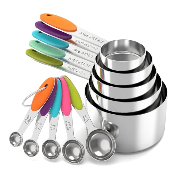 DEDRFUC Nesting Measuring Cups and Spoons Set, 10-Piece Stainless Steel with Soft Silicone Handle – Heavy Duty, Dishwasher Safe for Dry & Liquid Ingredients, Ideal for Cooking and Baking