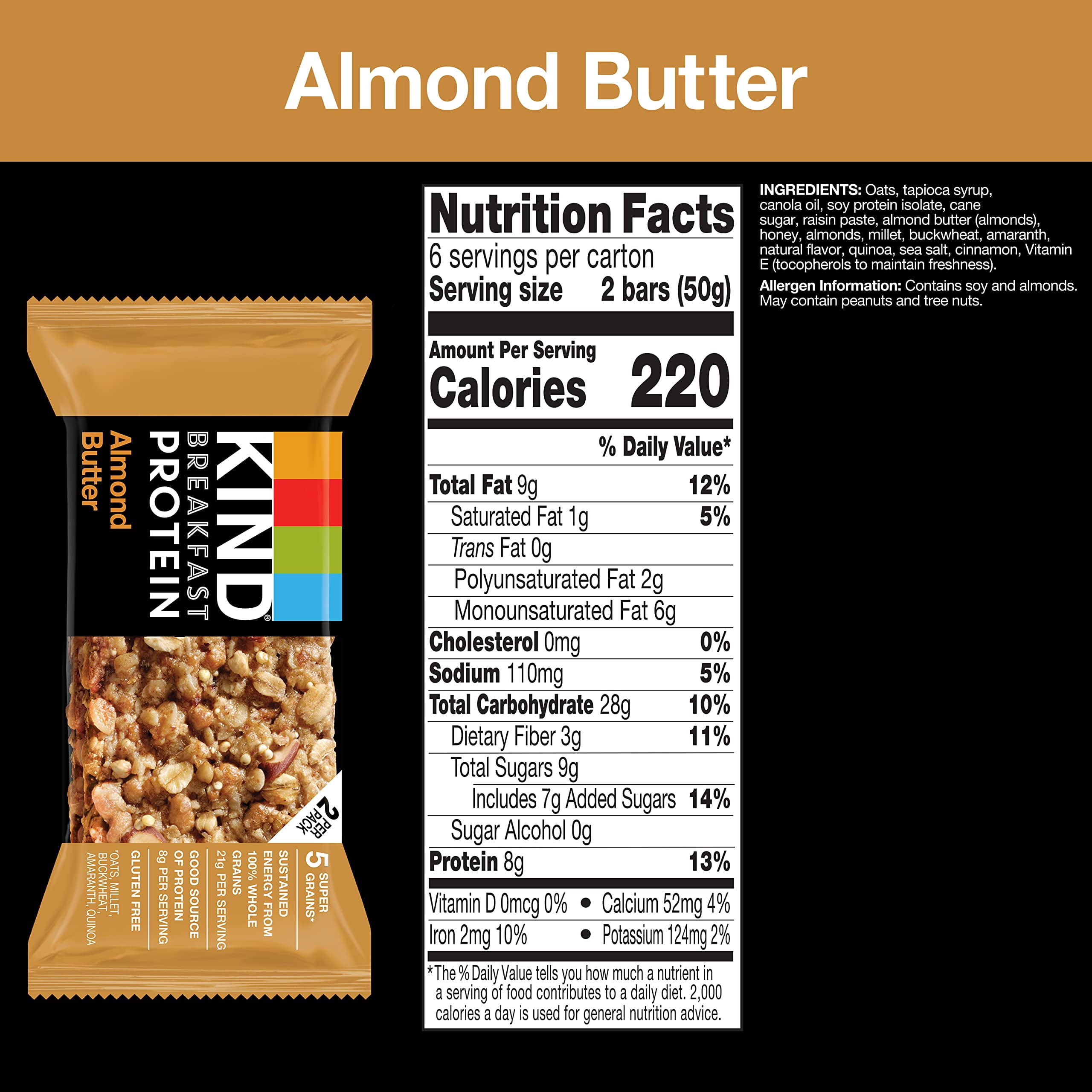 KIND Breakfast Protein Bars, Almond Butter, Healthy Snacks, Gluten Free, 8g Protein, 30 Count