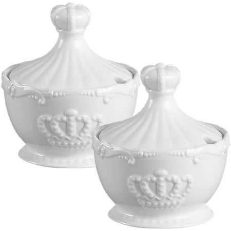 

DanceeMangoo 2pcs White Porcelain Sugar Bowl with Lid 6.5oz Sugar Serving Bowl for Tea Coffee Milk Vintage Crown Embossed