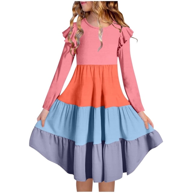 Vestido elástico de manga larga con bloques de color, corte A, estilo skater, para recital escolar, manga corta, cuello redondo, poliéster.