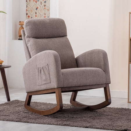 SYNGAR Modern Accent Rocking Chair, Upholstered Nursery Glider Rocker for Baby and Kids, Comfy Armchair with Side Pocket, Living Room Lounge Arm Chair, High Backrest with Wood Curved Base, Gray
