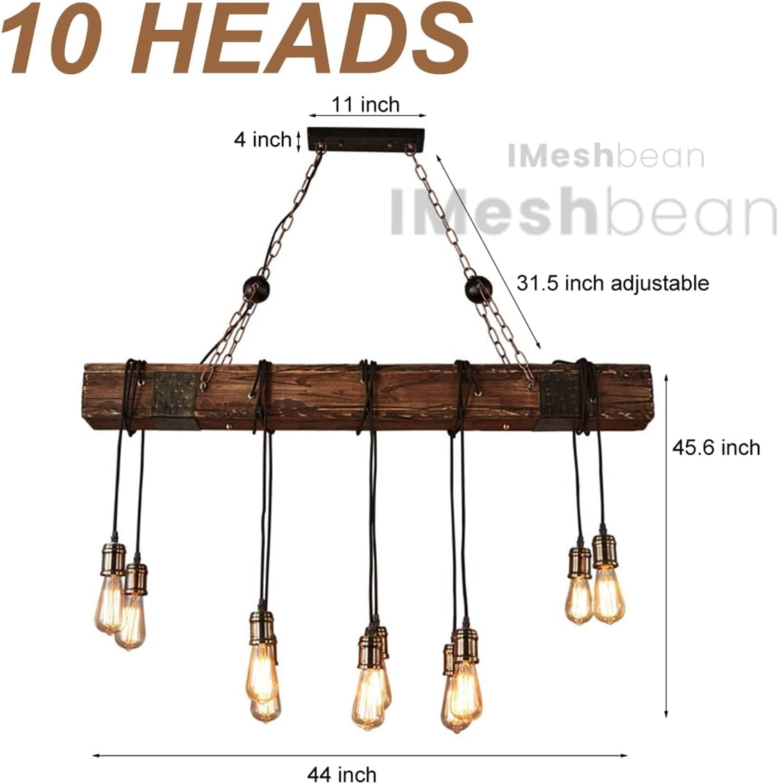 iMeshbean Wood Chandelier 10 Lights Wooden Retro Rustic Pendant Light Industrial Chandelier Wood Ceiling Light Fixture for Dining Table Kitchen Island Bar Billiard Pool Table (10 Heads)