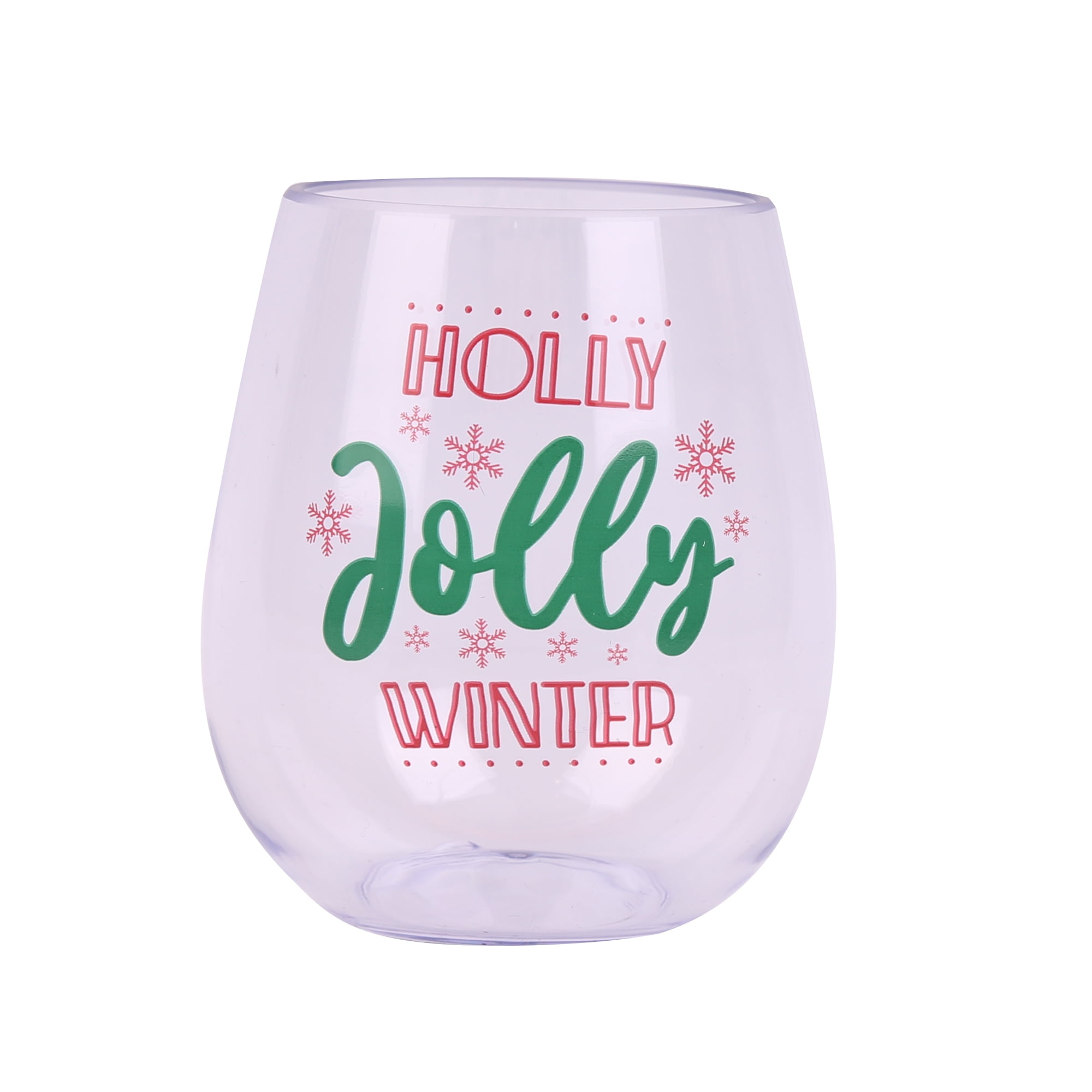 Holiday Time Jolly Wineglass,Stemless Style,Transparent with Pattern,Cups,Christmas Party