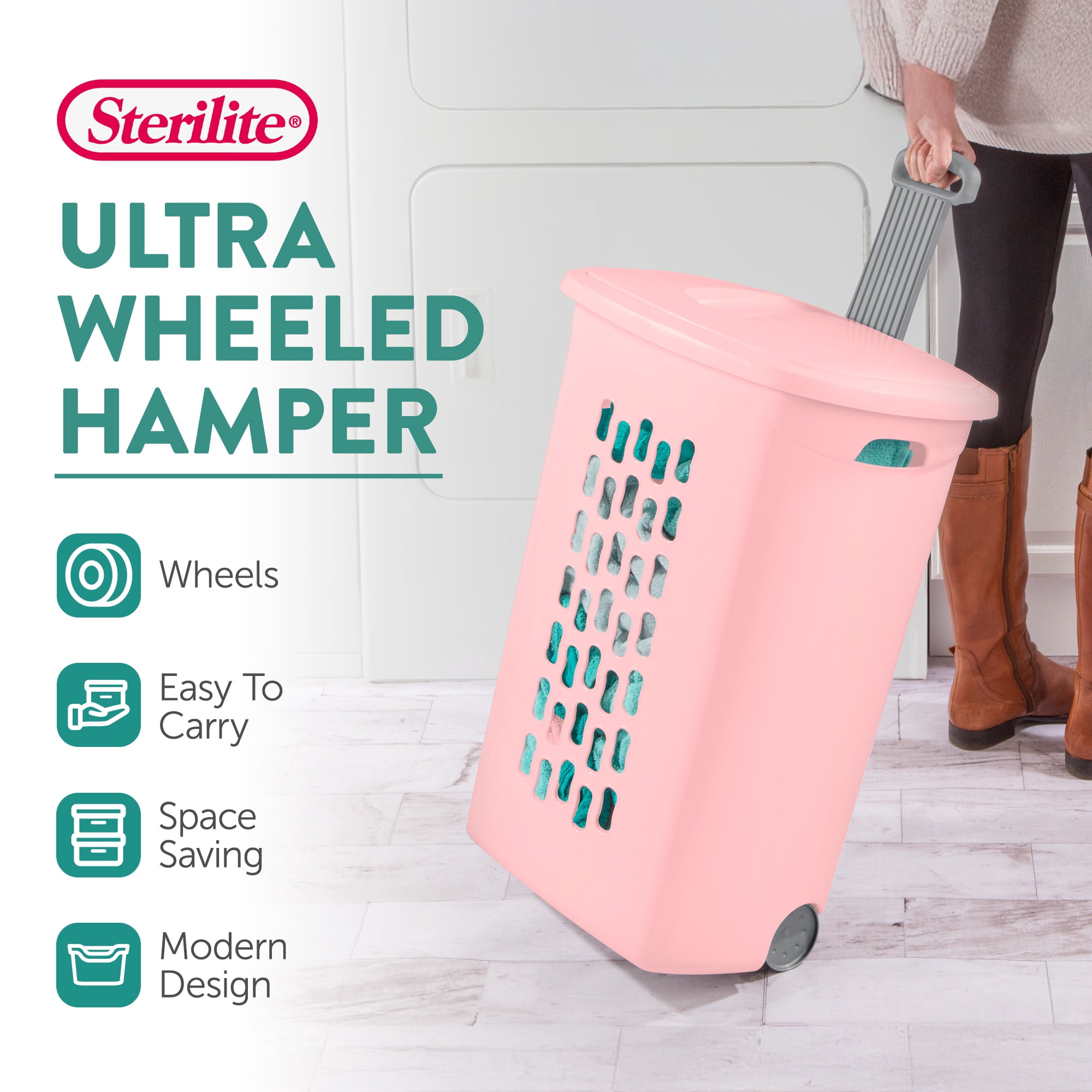 Sterilite Ultra Wheeled Hamper, Laundry Basket with Lid and Handle, Pink Frost, 3 Pack