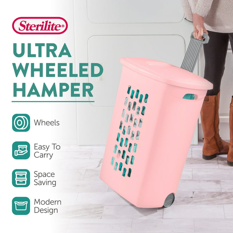 Sterilite, Laundry Hamper, Pink Frost, with Lid and Wheels