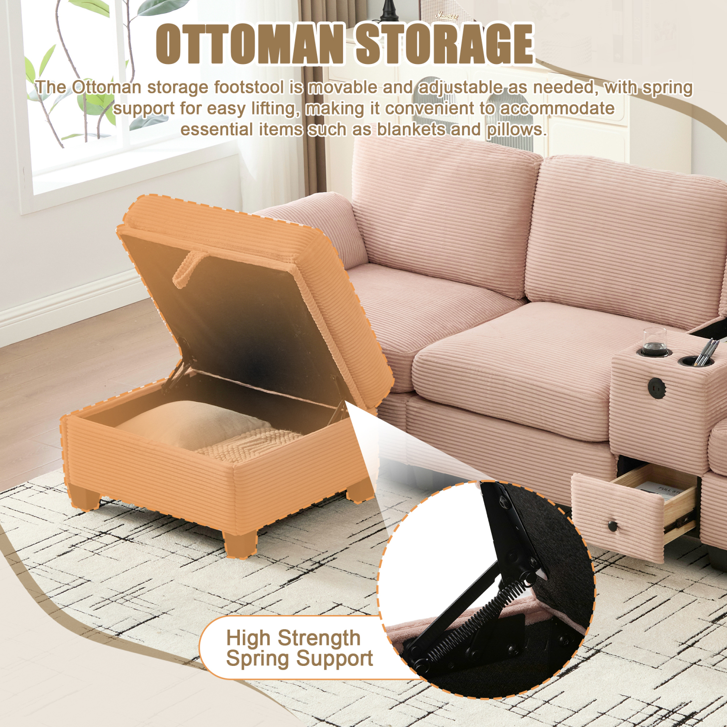 Leumius L-Shaped Sectional Sofa for Living Room,105" Modular 4-Seater Upholstered Sofa Couch with Cup Holder/USB Interface/Storage Box,Pink