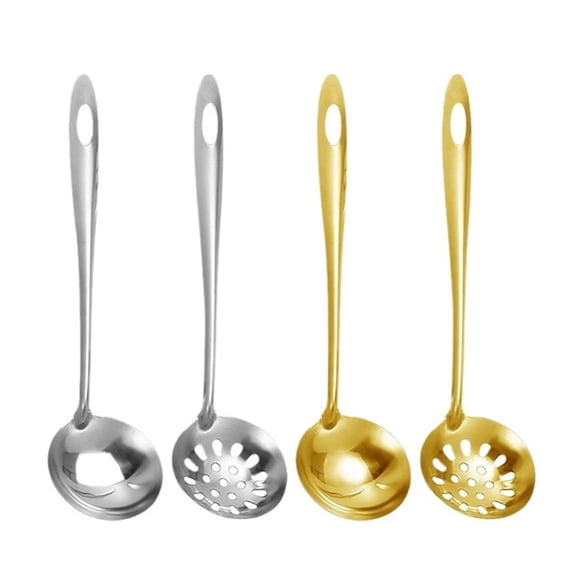 Stainless Steel Long Handle Soup Ladle & Slotted Straining Spoon, Silver Gold Hot Pot Ladle Heat Resistant for Home Kitchen Restaurant Catering Use