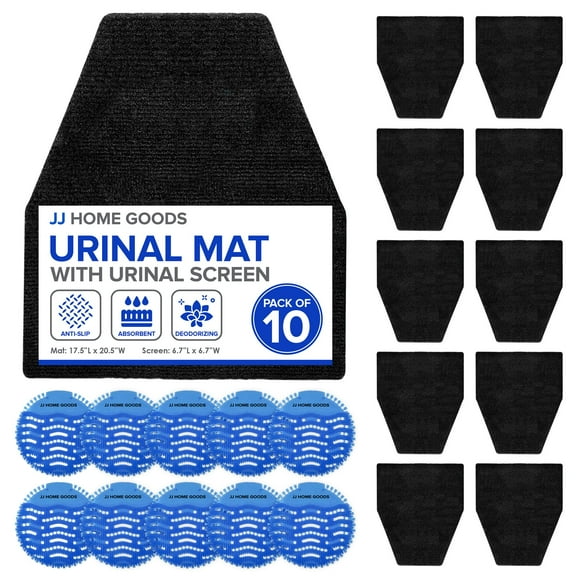 JJ CARE Urinal Mats for Men's Bathroom - 10 Black Absorbent Pads + 10 Blue Deodorizing Screens, Non-Slip, Disposable