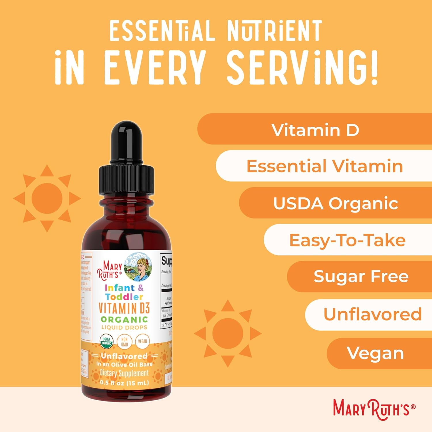 (2 pack) MaryRuth's Vitamin D3 Liquid Drops Supplement for Infant & Toddler, USDA Organic, Olive Oil Infused, Vegan, Gluten Free, Sugar Free, 0.5 fl oz