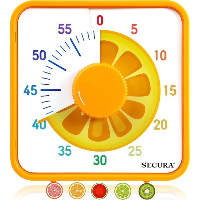 Secura 7.5-Inch Fruit Visual Timer for Kids, 60-Minute Countdown Timer for Classroom or Kitchen, Durable Mechanical Timer Clock with Magnetic Backing (Orange)
