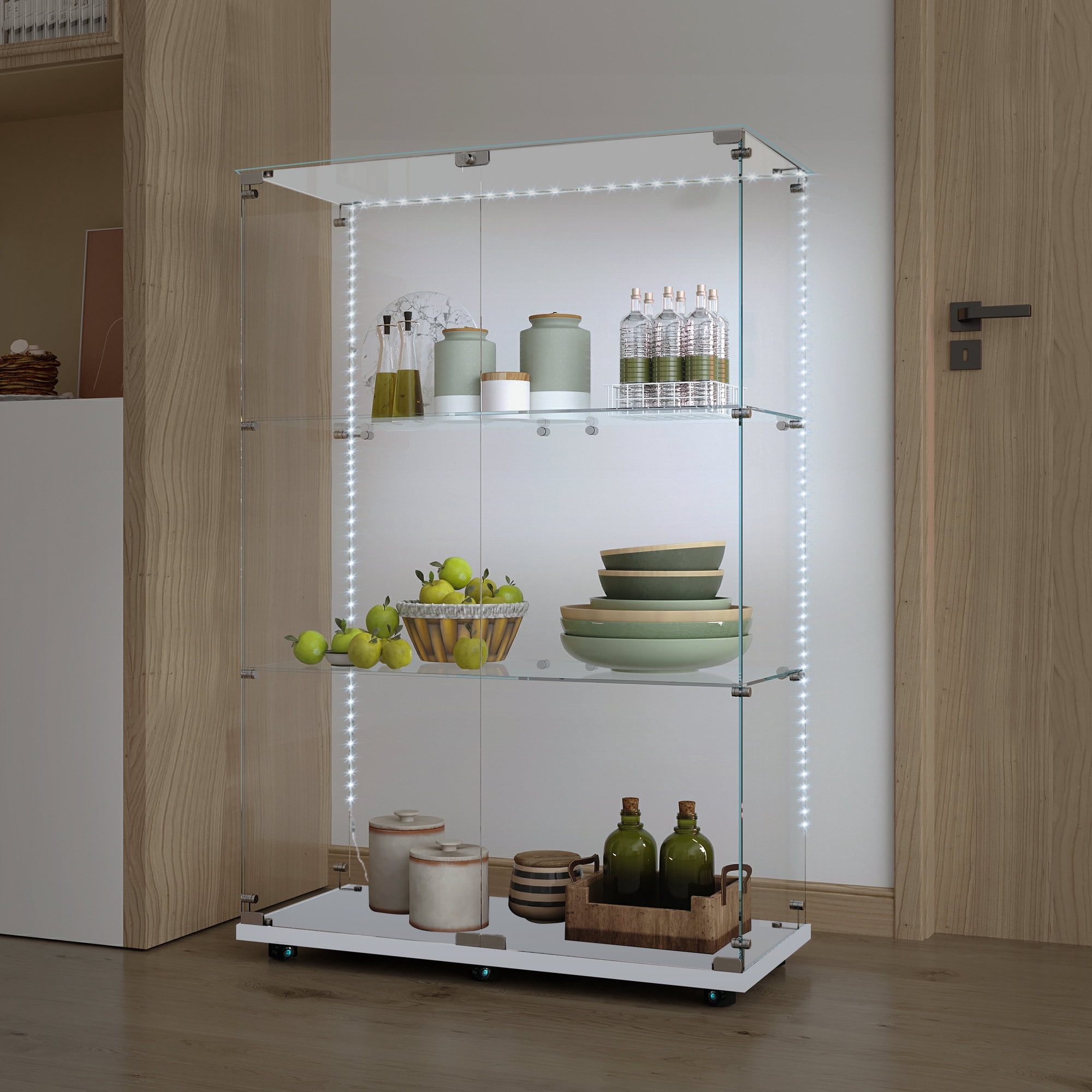 MAYEERTY 3 Tiers Glass Display Cabinet with Bluetooth LED Light Strip, Curio Storage Cabinet with 2 Door Wheels and Lock, Tempered Glass Top, White