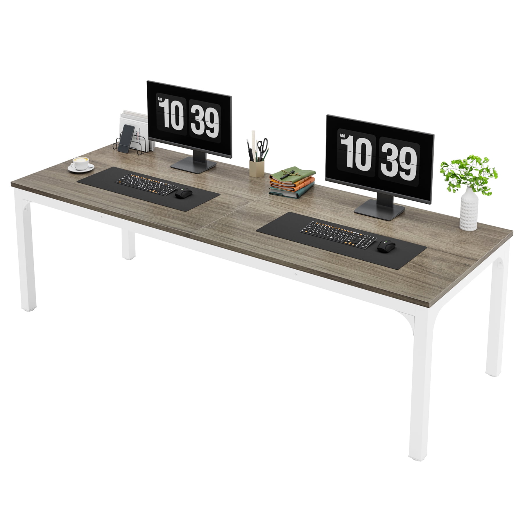 Fnova 78.7" Modern Computer Desk with Wood Desktop, Metal Frame Office Desk, Gray White