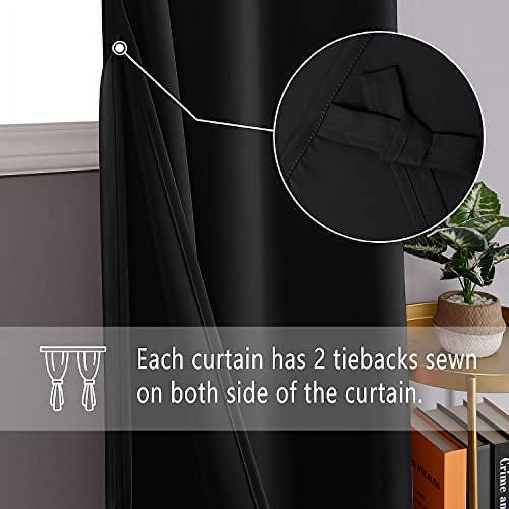 DWCN Black Blackout Curtains for Bedroom with Tiebacks - Thermal Insulated Light Blocking Grommet Window Curtains for Living Room, 52 x 54 inch Length, Set of 2 Panels