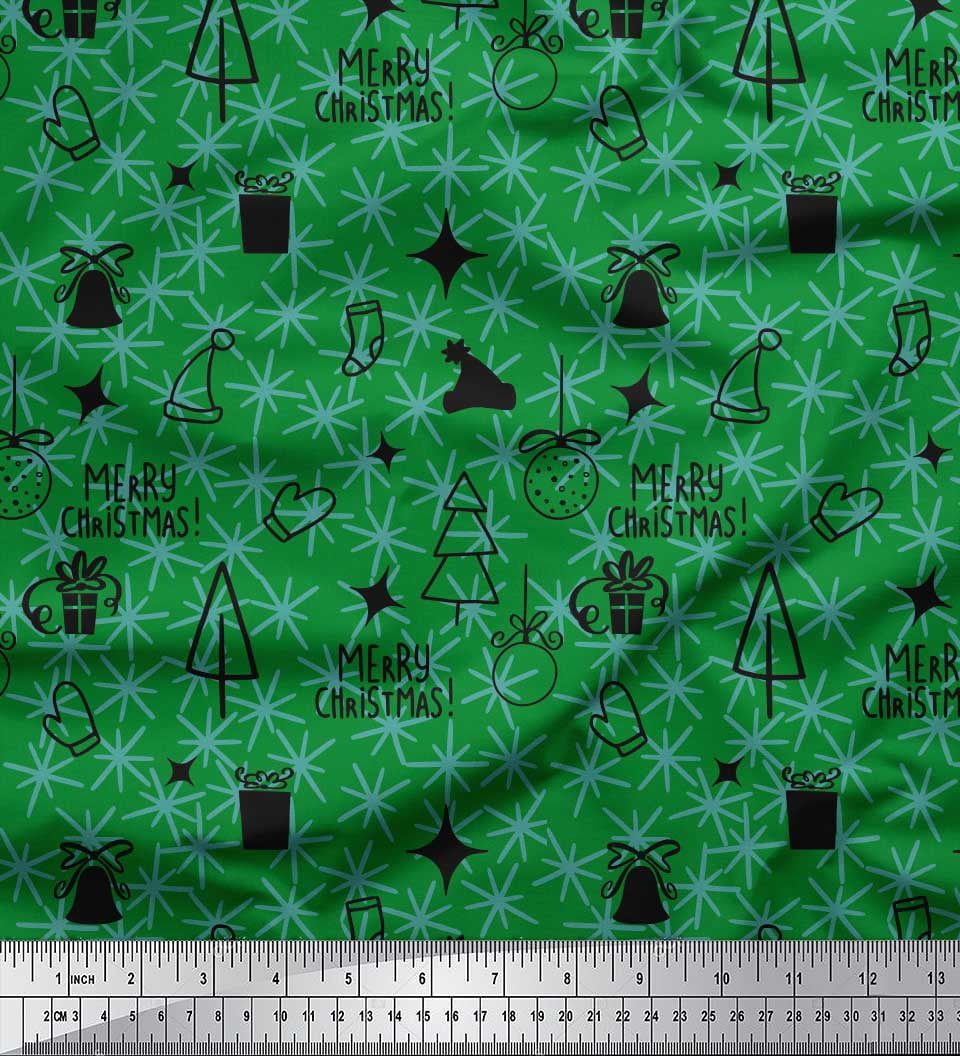 Soimoi Green Cotton Poplin Fabric Snowflake,Ornament & Tree Christmas Decor Fabric Printed Yard 56 Inch Wide