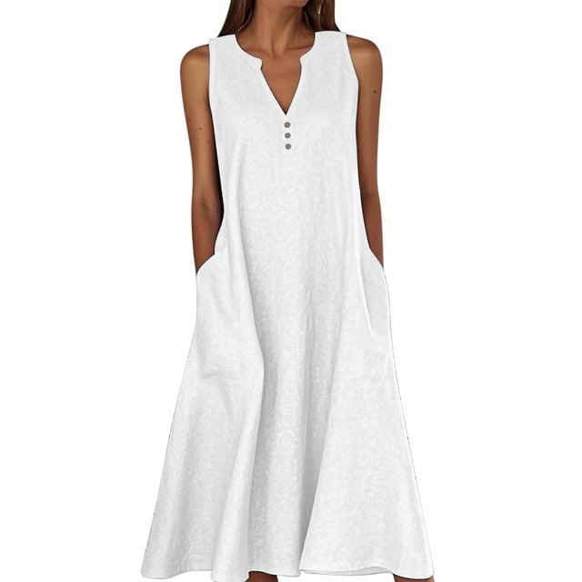 Ohufall Robe Femme en Coton et Lin à Col en V Sans Manches Décontractée Robe Débardeur Unie Confortable avec Poches Robe Midi d'Été Chic