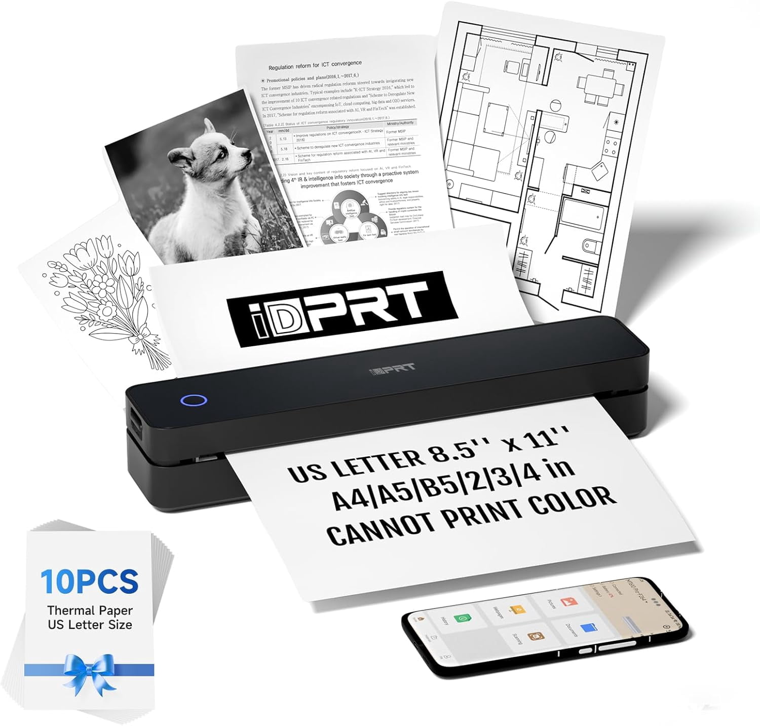Restored iDPRT Portable Thermal Printer, MT610 Pro Wireless for Travel, 300 DPI Bluetooth Inkless Printer Support 8.5" X 11" US Letter Thermal Paper for Home, Compatible with iOS, Android, Black