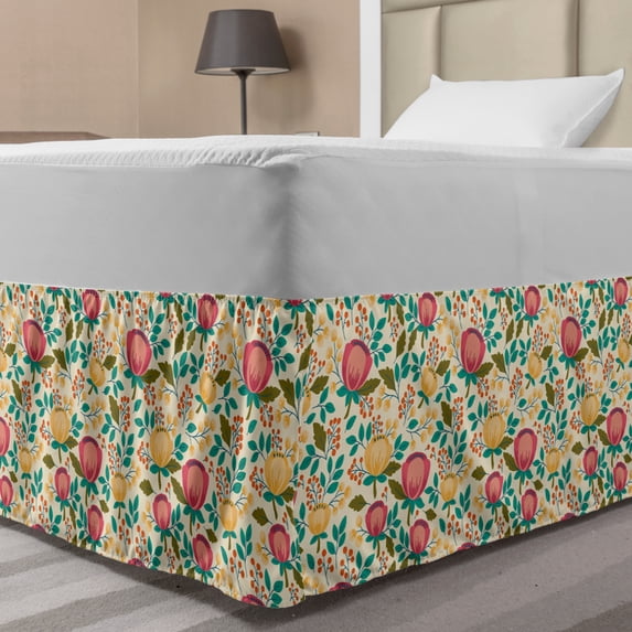 Floral Bed Skirt, Spring Ornamental Flower Blossoms in Warm Tones with Small Buds and Leaves, Elastic Bedskirt Dust Ruffle Wrap Around for Bedding Decor, 4 Sizes, Ivory and Multicolor, by Ambesonne