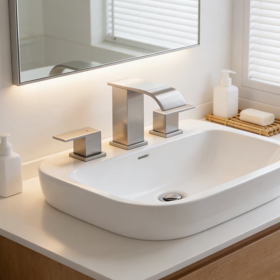 Waterfall 8 in. Widespread 2-Handle Bathroom Faucet, Brushed Nickel, 3-Hole Sink Faucet with Pop-Up Drain & Splash-Free Flow