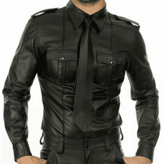 NOORA Mens Police Style Black Leather Shirt Police Uniform Jacket Shoulder Strap ST040