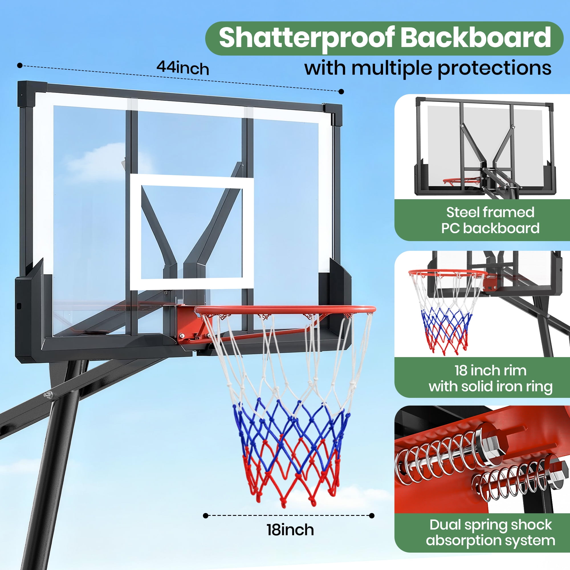 GVDV Portable Basketball Hoop with 44" Shatterproof Backboard, Adjustable Height 4.5-10 ft for Kids, Teens & Adults, Indoor and Outdoor Use​
