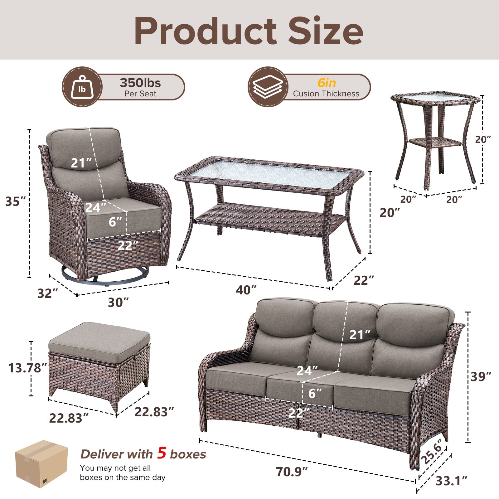 Bellefurn 9 Pieces Luxury Patio Furniture Sets Outdoor Conversation Sets with Swivel Rocker Chairs with 6" Thick Cushion,Sofa,Side Table and Ottomans,for Porch Deck Backyard Poolside