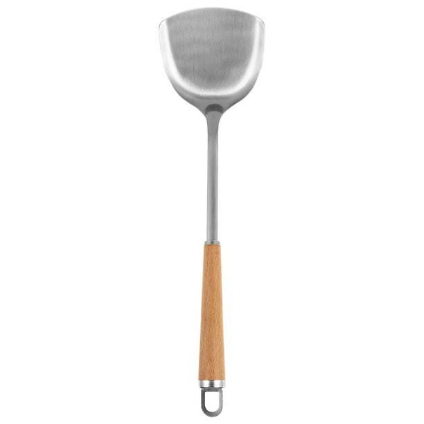 Espátula de acero inoxidable con mango de madera para cocina (1 unidad, color plateado y caqui)