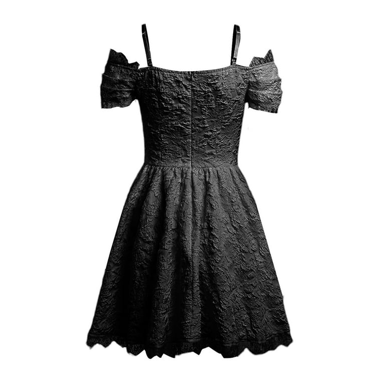 One opening Women Gothic Lolita Dress Fairy Grunge Punk Black Goth Dress  Lace Patchwork Flare Sleeve A-Line Dresses Halloween Outfit 