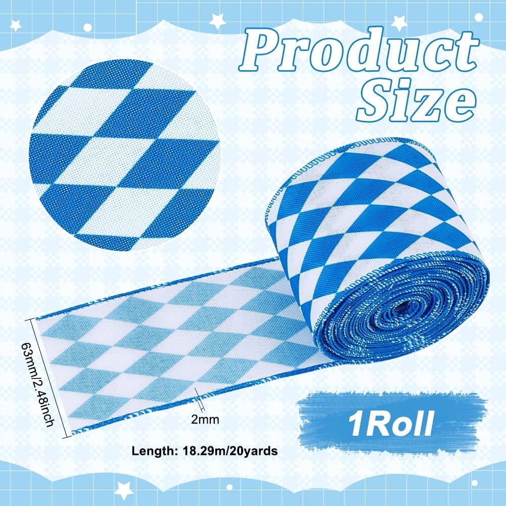 20yards Oktoberfest Wired Edge Ribbon 2.5" Blue and White Checkered Ribbon Polyester Plaid Gingham Ribbons Hanukkah Decorative Ribbons DIY
