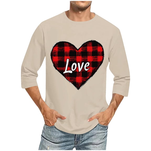 HaoXianJian Mens Shirt Cute Plaid Love Heart Graphic Tees Crew-neck 3/4 Sleeve Regular Fits Casual Tee T-Shirts Tshirt Tops Pullover Top Casual Valentines Gifts Plus Size 2X 3X 5X