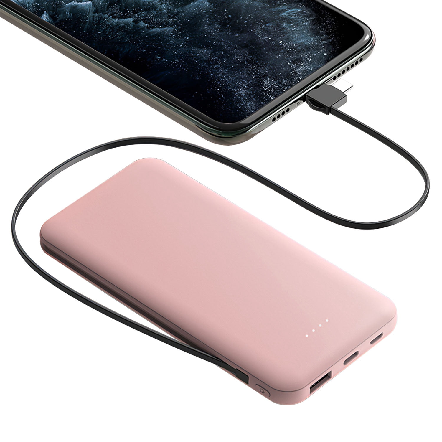 Portable 10000mAh Power Bank  External Battery Pack Phone Charger with LT Type-C Double-ended Cable Pink