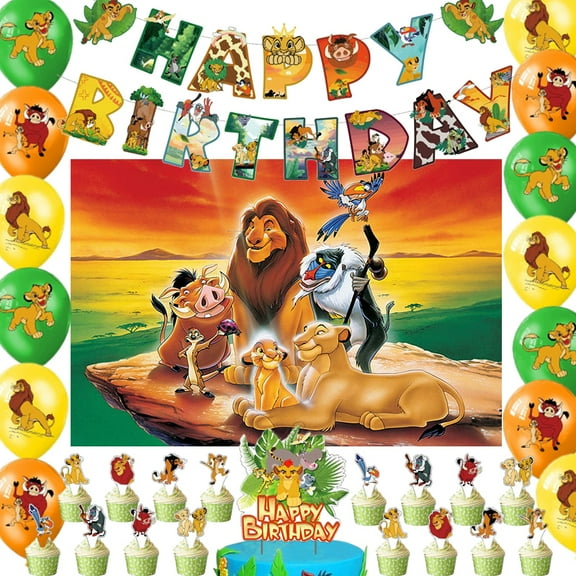 36pcs cartoon animation birthday party supplies,The Lion King Cartoon themed party favors include banners, balloons, cake decorations and backdrops, suitable for many occasions
