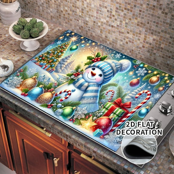 Christmas Stove Top Covers, Blue Snowman Stove Top Cover for Electric, Anti-Slip Waterproof Mat for Glass Stove Top Protector Heat Resistant Square Pad Multipurpose Foldable Cooktop Cover 28x20in 1pc