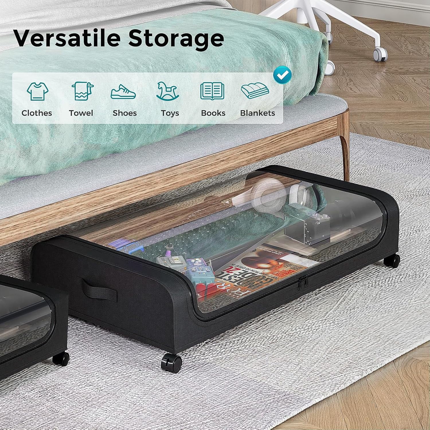 2 Pack Under Bed Storage with Wheels, Under Bed Shoe Storage Larger Capacity with PVC Clear Window & Label, Under the Bed Storage Containers for Shoe Clothes Toy Book
