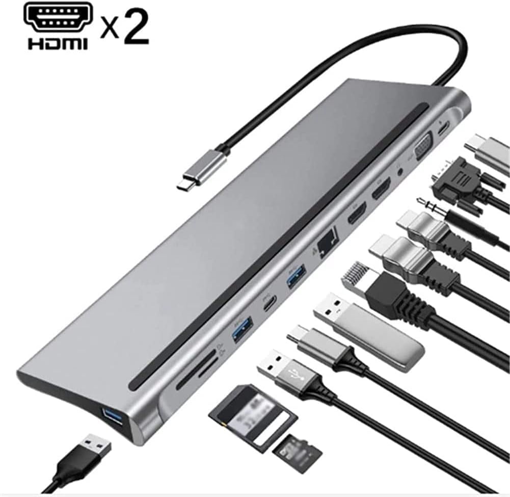 USB Hub, 12-in-1 USB C Hub Notebook Docking Station, Type-C to Dual HDMI Compatible/VGA/USB 3.0 Hub/PD/RJ/Micro-SD/TF, Compatible with PC, Mac, Printer