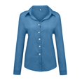 thumbnail image 4 of Womens Linen Button Down Shirts Loose Fit Long Sleeve Collared Blouse Casual V Neck Tops Outfits Dark Blue 2XL, 4 of 5