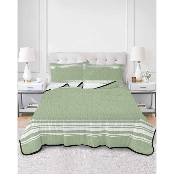 Quilts Twin XL Size, Sage Green Soft Comforter Bedding Set for Bed, Farmhouse Sage Green White Striped Lightweight Quilted Bedspread with Pillow Cover(2 Pieces) for All Season, 68x98 Inch
