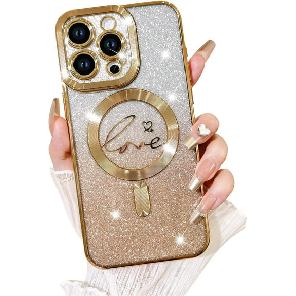 Compatible with iPhone 12 Pro Max Case,Compatible with MagSafe Love Heart Plating Camera Protection Clear Phone Case, Magnetic Glitter for Women Girls Shockproof Back Bumper 6.7"-Gold