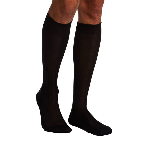 Men's Pantherella 6715 Luxury 100% Pure Silk 5x3 Rib Over The Calf Sock (Black L)