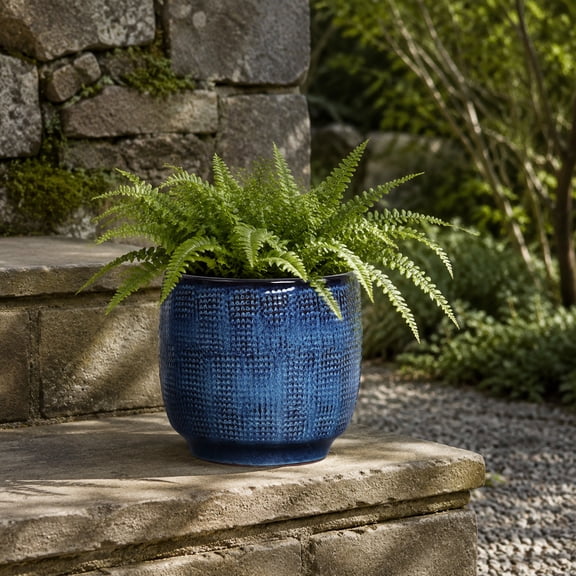 Haven Crest 12-Inch Blue Ceramic Planter, Drainage