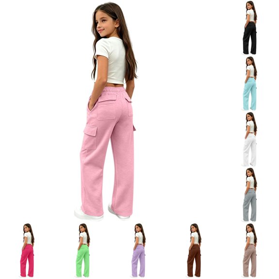 WhouRiu Girls Casual Solid Color Sweatpants Baggy Wide Leg Sports Pants Kids Elastic Waist Comfortable Daily Trousers With Pockets,11-12 Years