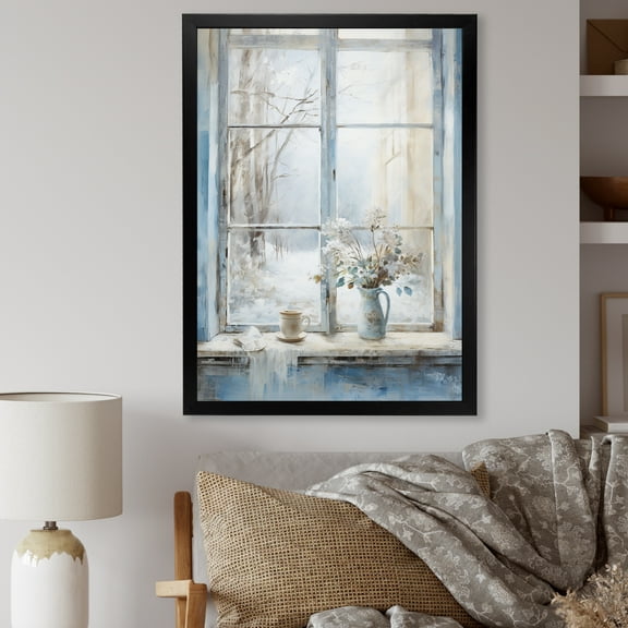 Designart "Minimalist Charm of Floral Windows in Blue and White IV" Farm Framed Wall Art - Country White Farm Windows Entryway Framed Wall Art