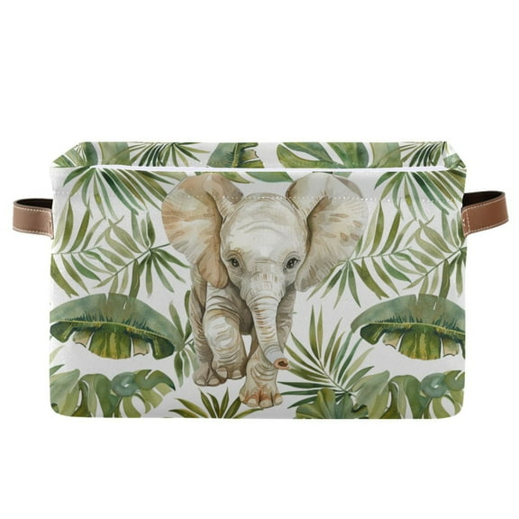 Cute Elephant and Leaf Storage Bins with Handle Fabric Organizer Basket Foldable Box 1 Pack 14.2x10.2x8.3
