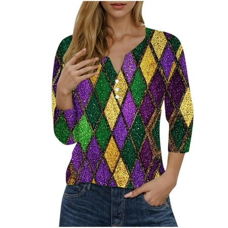 FYEGRE 2025 Carnival Theme Women s T-Shirt V-Neck 3/4 Sleeve Blouse Casual Top Purple XXL