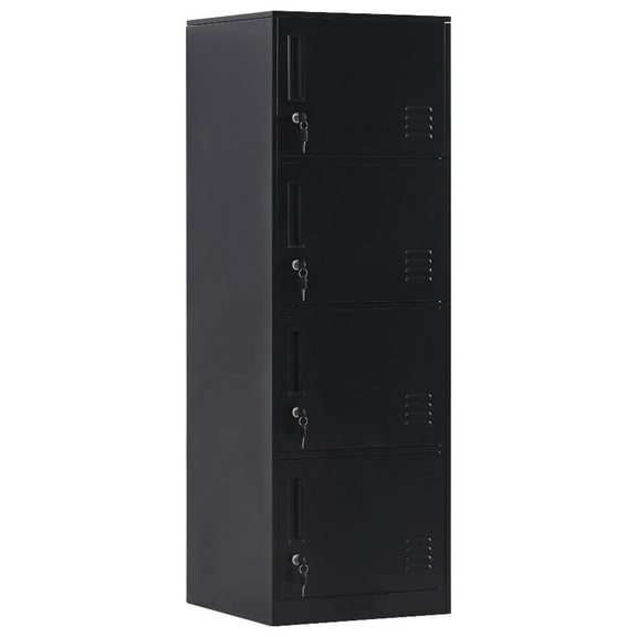 Metal Locker 4 Door, Steel Storage Cabinet - School, Office, Home - Stackable Vertical Lockers for Clothes & Sports Equipment, Anti-Tip Kit (Black)