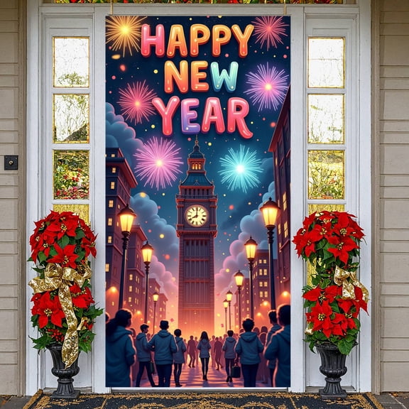 Colorful Fireworks Happy New Year Banner City Clock Tower New Year Display Night Sky Design Vibrant Letters Festive Backdrop for New Year Eve Party Indoor Celebration Outdoor Event