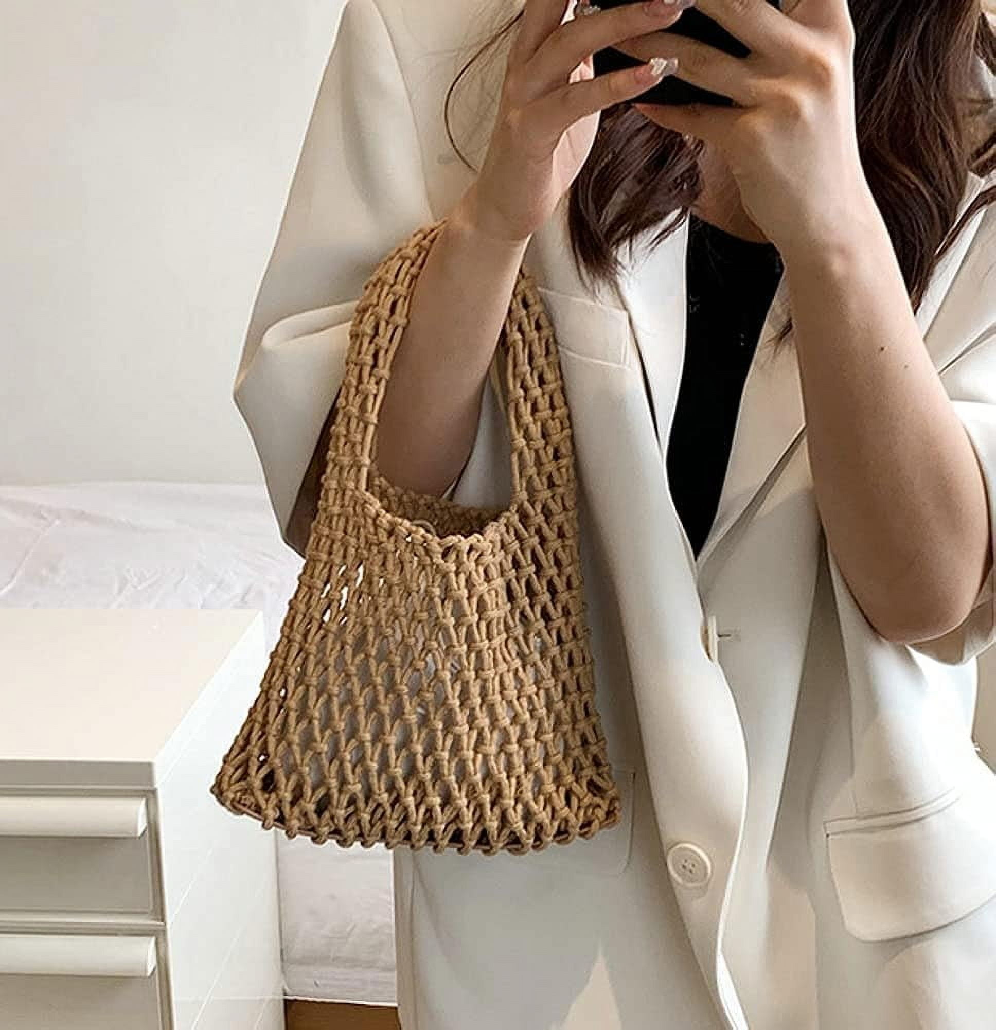 Kukuzhu Women Small Crochet Tote Handbag Cotton Top Handle Bag Summer Mesh Beach Bag Drawstring Fishing Net Bag Clutch Handbag